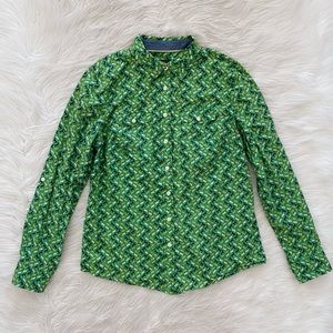 Talbots Green Yellow Blue Novelty Horse Print Equestrian Button Up Shirt Petite